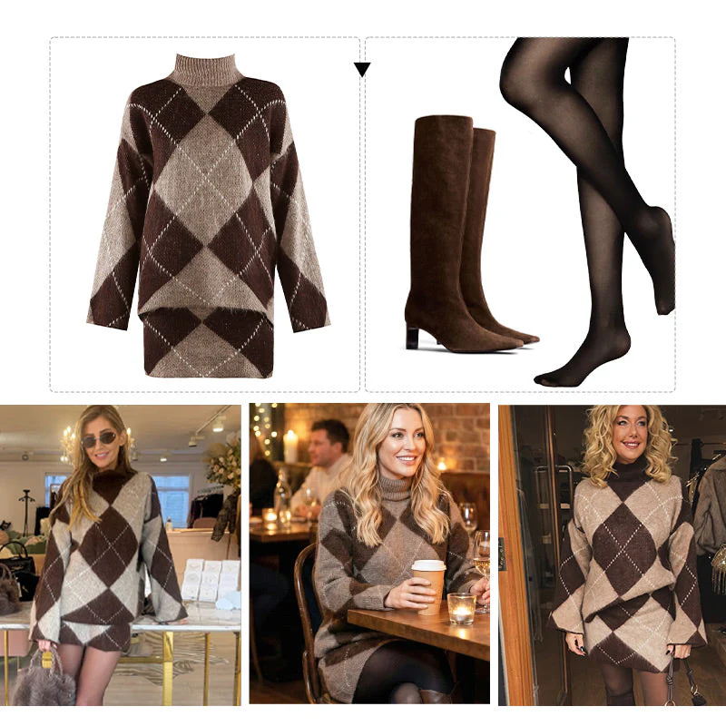 Women's Diamond Pattern Knit Sweater & Skirt 2-Piece Set - Image 3