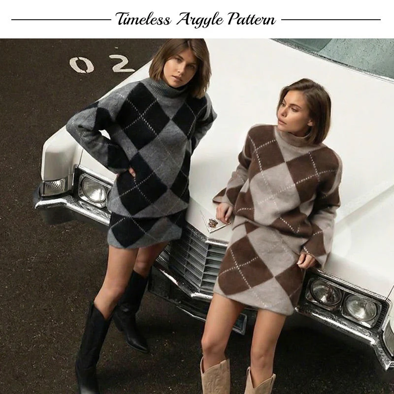 Women's Diamond Pattern Knit Sweater & Skirt 2-Piece Set - Image 4
