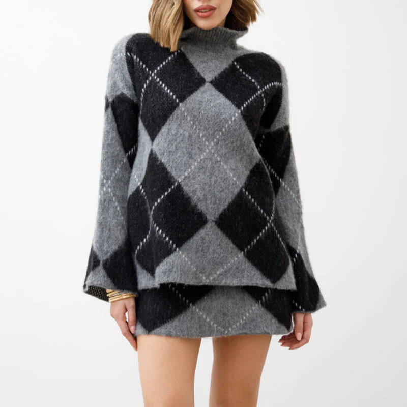 Women's Diamond Pattern Knit Sweater & Skirt 2-Piece Set - Image 8