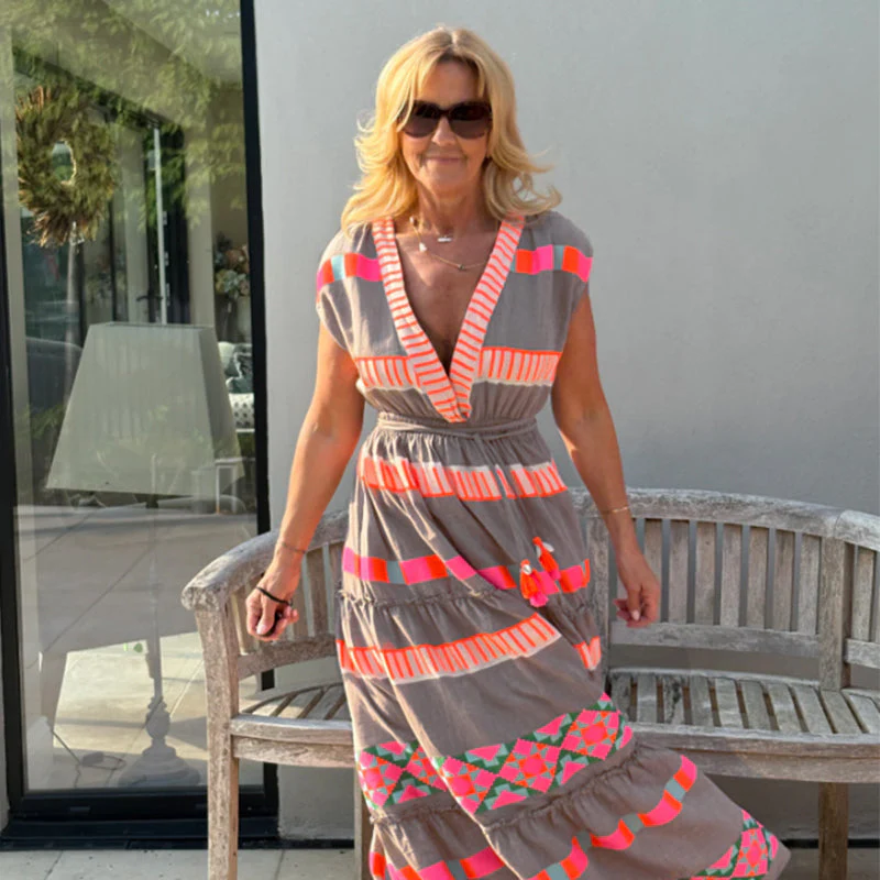 💕Women's Loose V-Neck Vintage Stripe Pattern Sleeveless Dress - Image 3