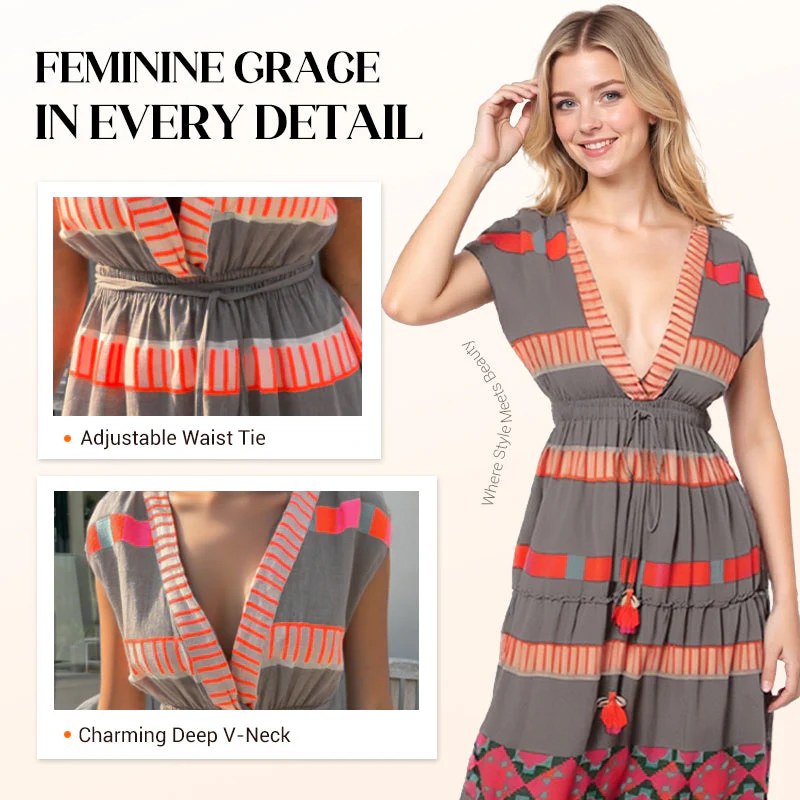 💕Women's Loose V-Neck Vintage Stripe Pattern Sleeveless Dress - Image 9