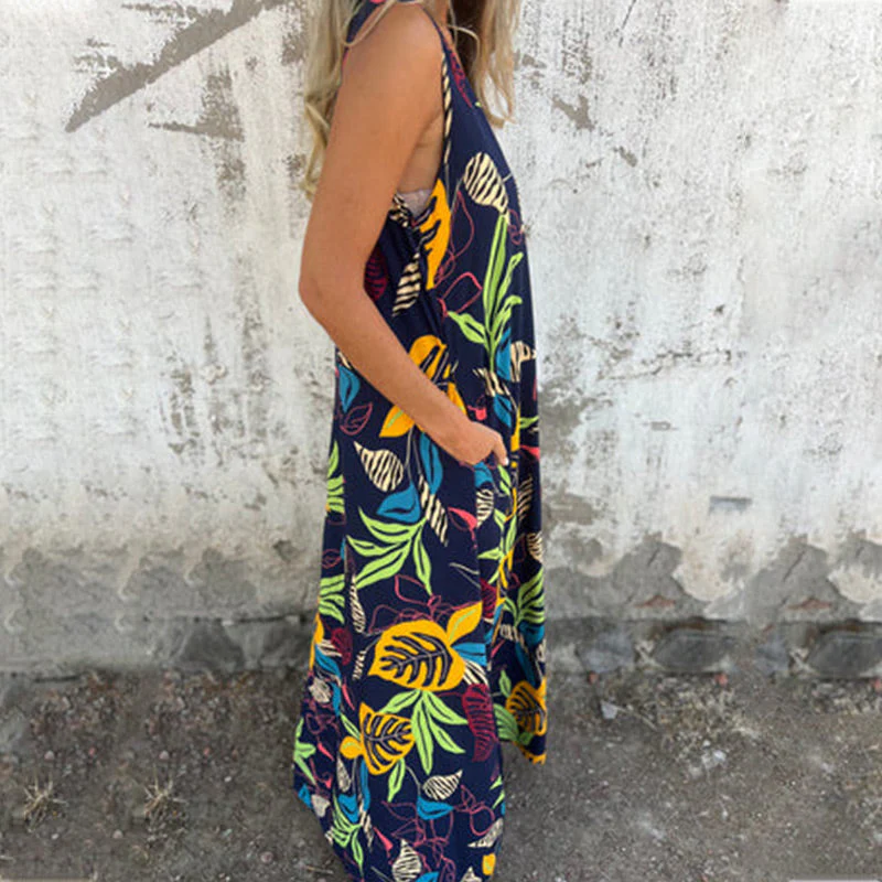 🔥Last Day Promotion-49%OFF🔥Women's Leaves Pattern V-Neck Sleeveless Floor-Length Dress - Image 7