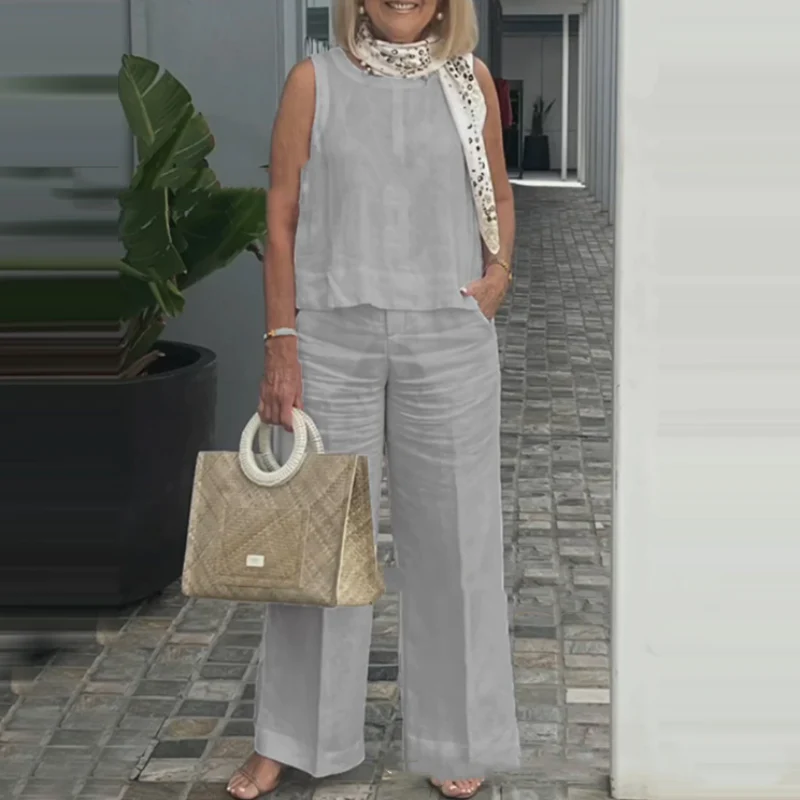 Women's Simple Breathable Suit - Round-Neck Sleeveless Top & Wide-Leg Pants - Image 2