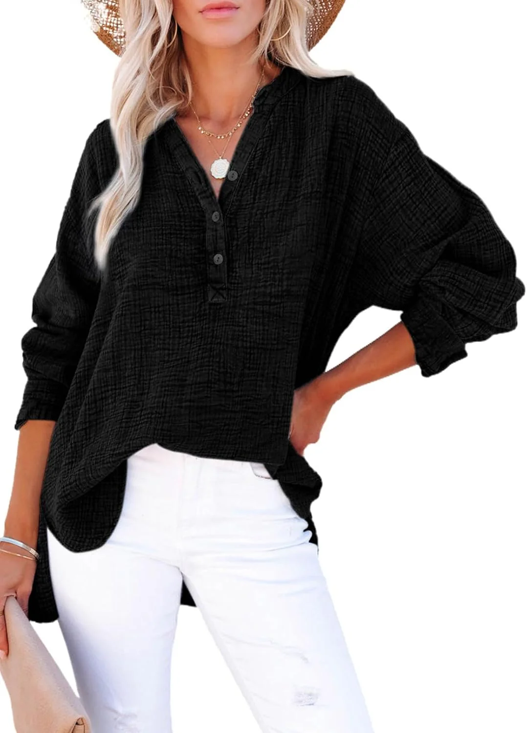 Womens Casual Gauze Button Neck Long Sleeve Oversized BlousesTops(BUY 2 FREE SHIPPING) - Image 4