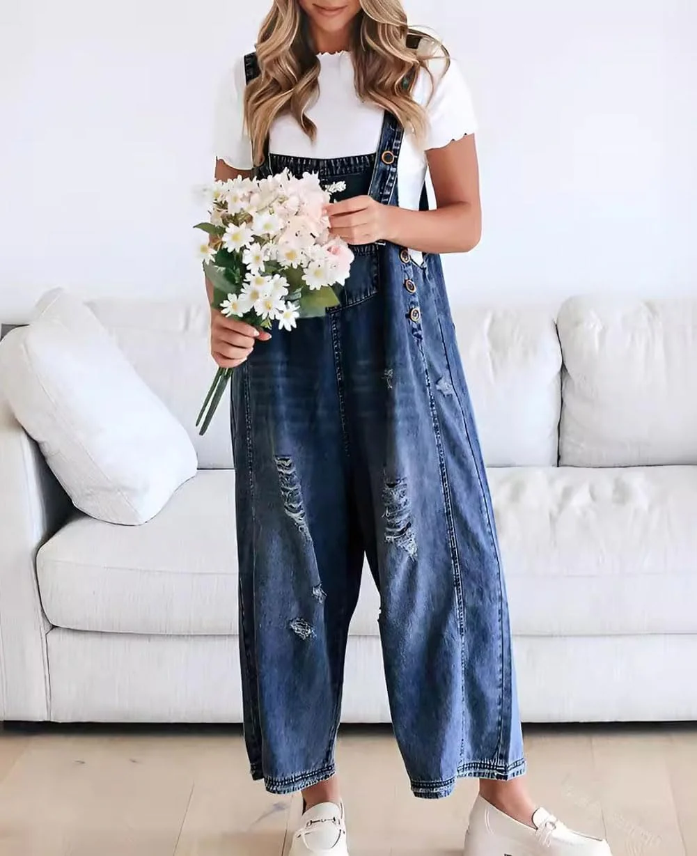 🔥Limited time sale 50% OFF💕Women's Cute Casual Button Jumpsuit Ripped Denim Overalls - Image 6