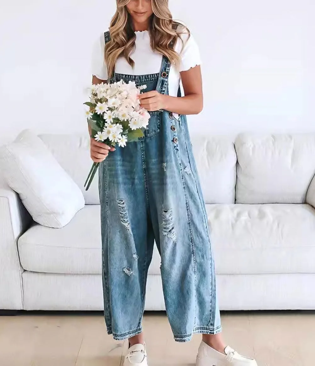 🔥Limited time sale 50% OFF💕Women's Cute Casual Button Jumpsuit Ripped Denim Overalls - Image 7
