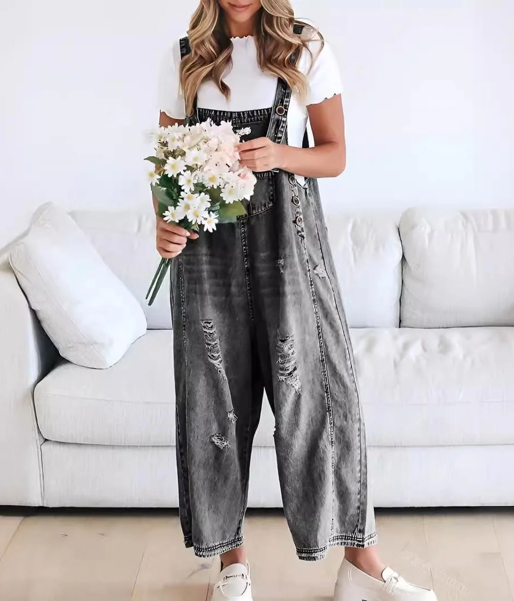 🔥Limited time sale 50% OFF💕Women's Cute Casual Button Jumpsuit Ripped Denim Overalls - Image 9