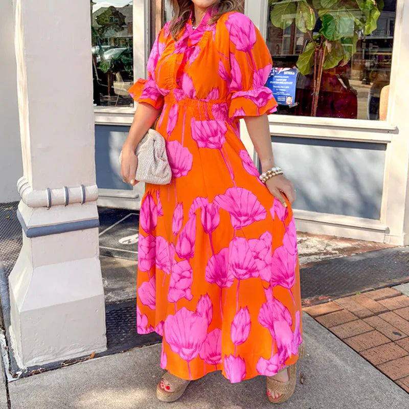 Women's Elegant Ruffled Print Maxi Dress - Image 4