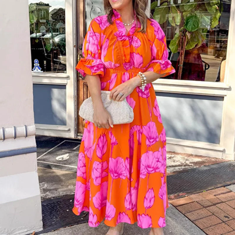 Women's Elegant Ruffled Print Maxi Dress - Image 5