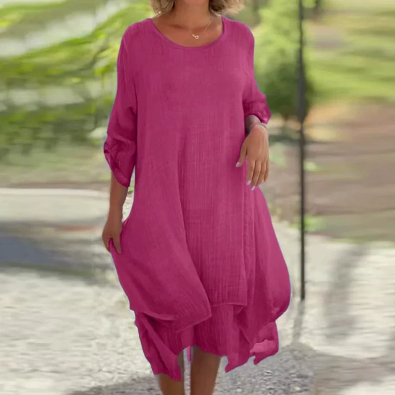 🌼Last Day Sale 49% OFF🌼Women's Elegant Solid Color Round Neck Loose Fit Dress - Image 3