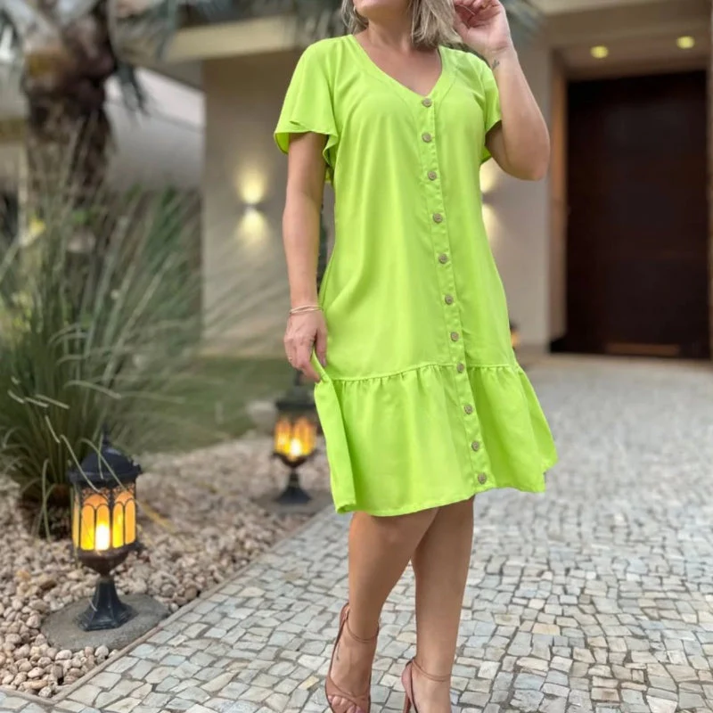 💕LAST DAY SALE 49% OFF💕Women's Fashion Solid Color V-Neck Button Loose Dresses - Image 4