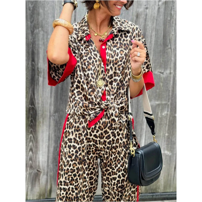 🌸Spring Hot Sale 49% OFF💐 Women's 2-Piece Leopard Print Outfit Button-Down Shirt & Wide-Leg Pants - Image 6