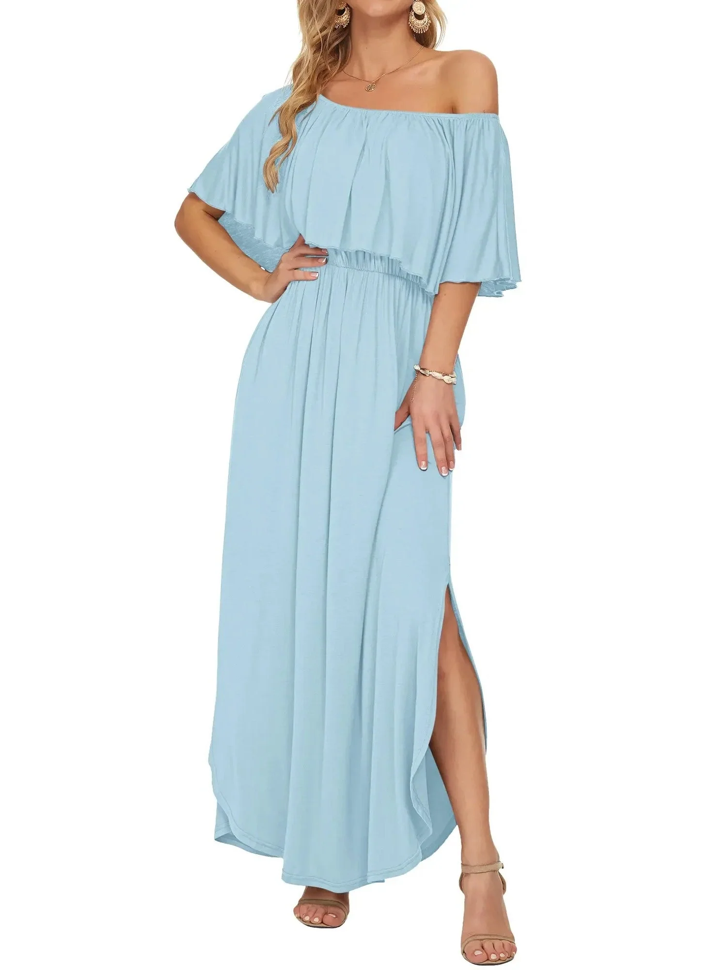Women's Off-Shoulder Ruffled Side-Slit Maxi Dress with Pockets - Image 12