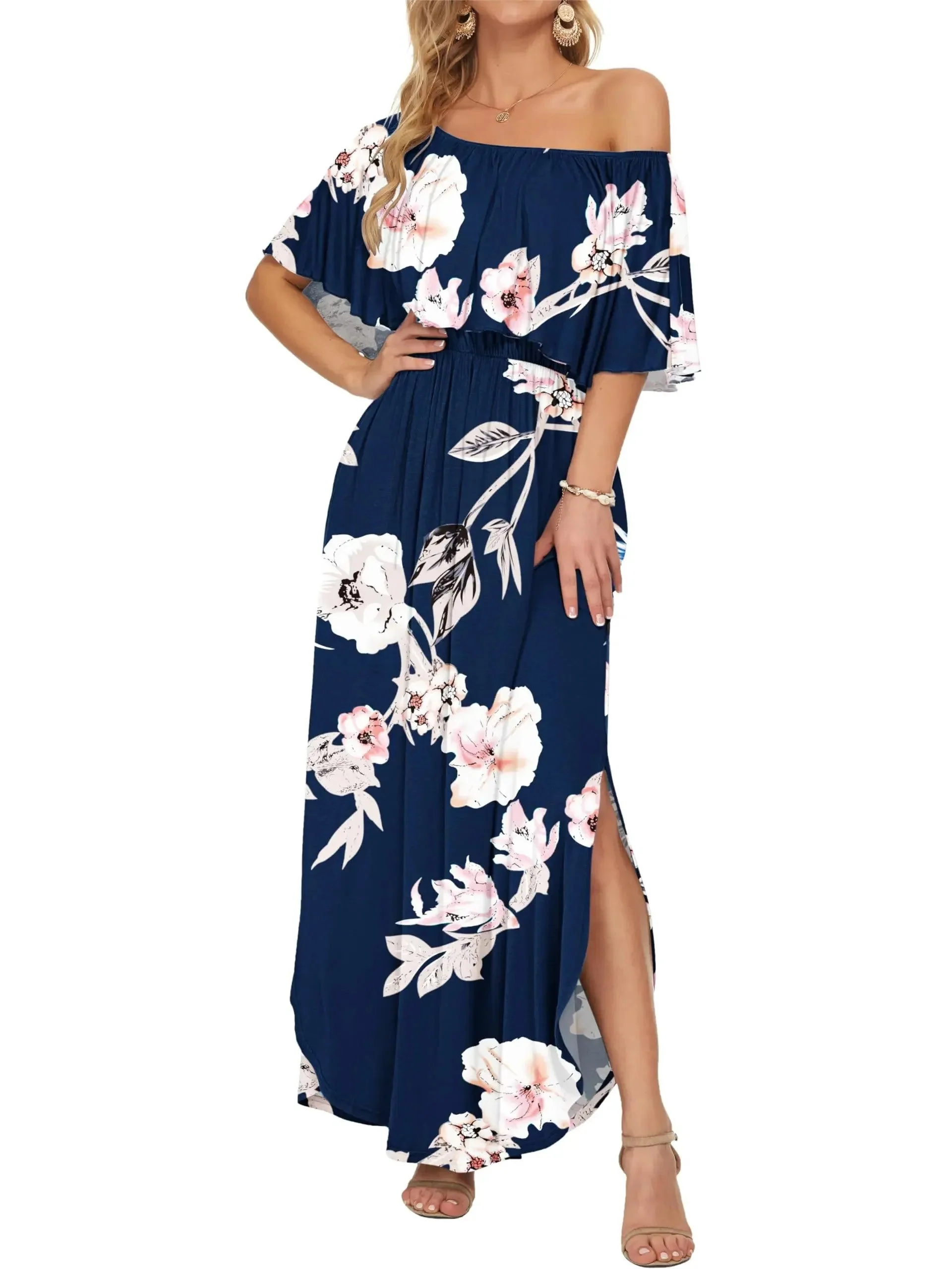 Women's Off-Shoulder Ruffled Side-Slit Maxi Dress with Pockets - Image 6