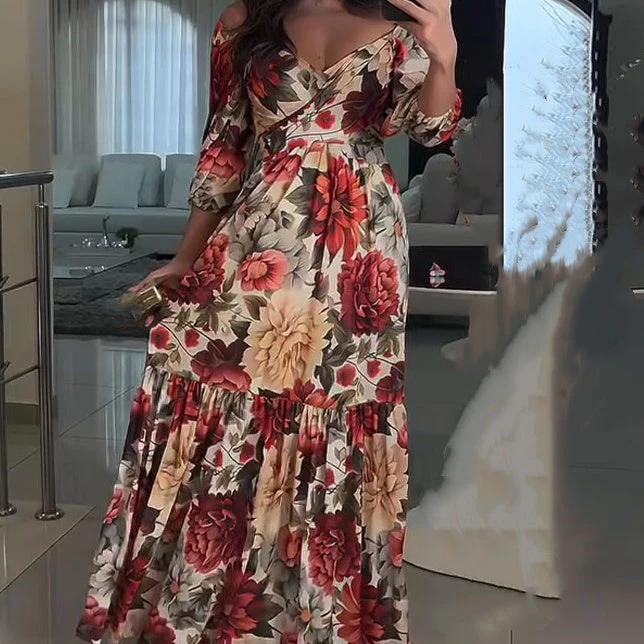 🌹HOT SALE 49% OFF🌹Women's V-Neck Floral Printed Pleated Dress - Image 5
