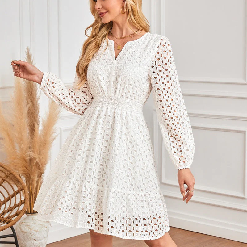 💕Spring New Arrival💕Women's V-Neck Long Sleeve Hollow Out Dress - Image 11