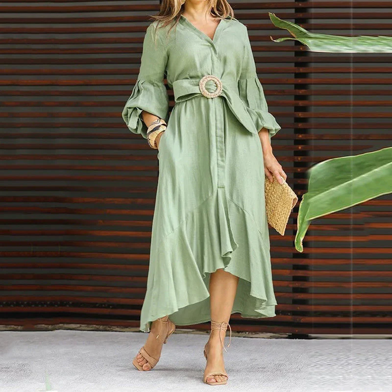 Women's V-Neck Waisted Dress with Irregular Hem - Image 5