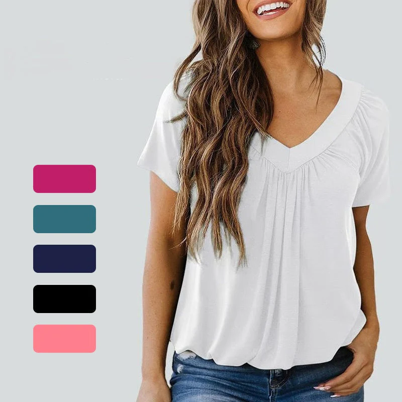 🎀Women's Casual Pleated V-Neck Short-Sleeve Top🥐 | Effortless Tuck Design | Wrinkle-Free Office Wear - Image 2