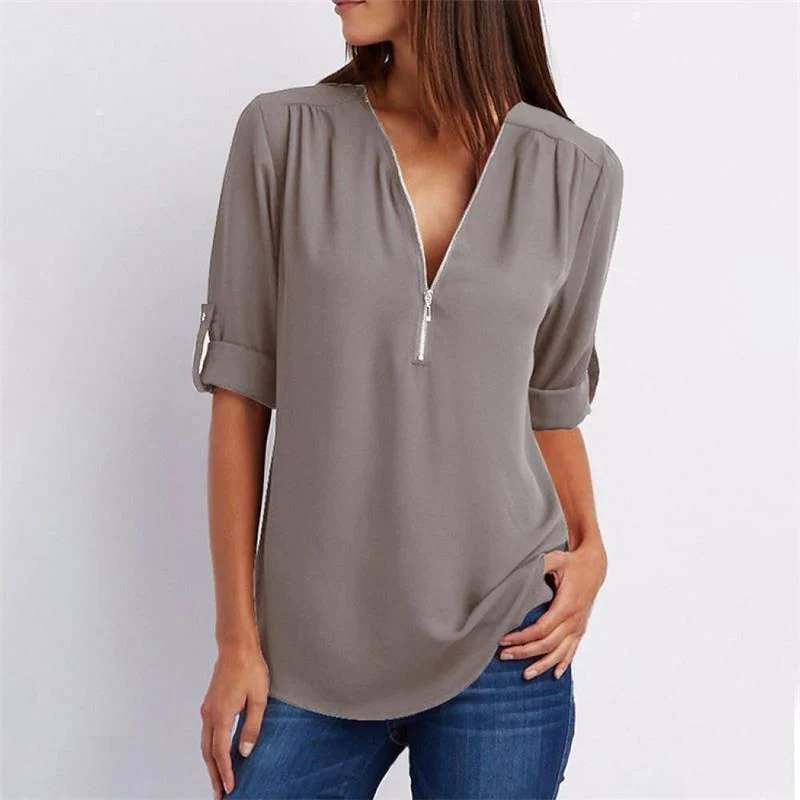 🔥Women's V-Neck Zip Large Size Adjustable Cuff Chiffon Shirt - Image 10