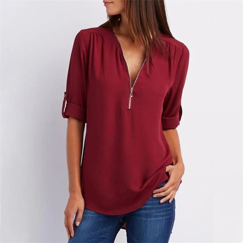🔥Women's V-Neck Zip Large Size Adjustable Cuff Chiffon Shirt - Image 8